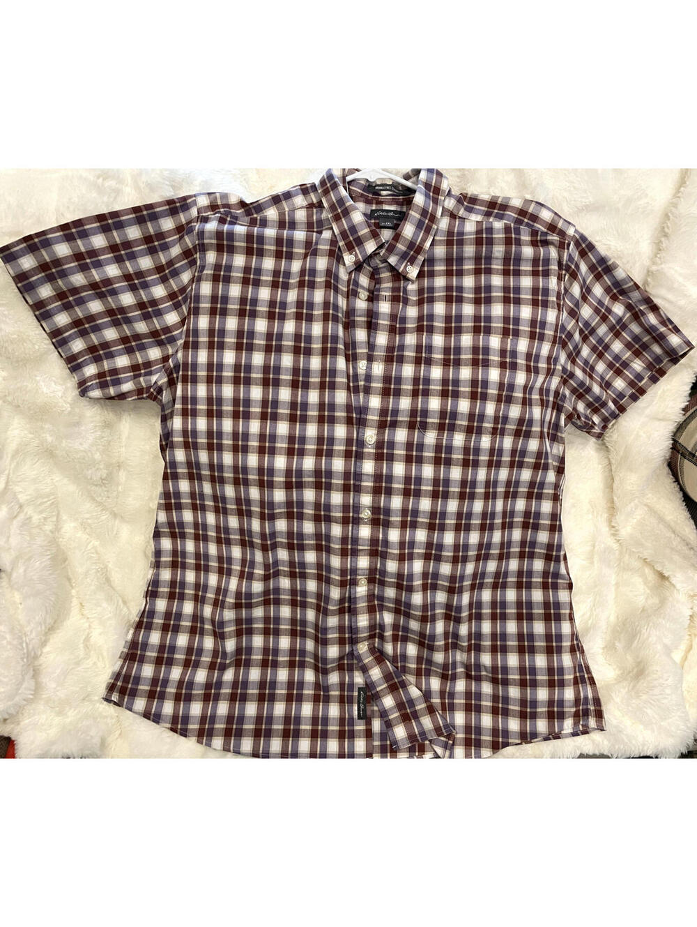 Eddie Bauer Shirt Mens 2XL Purple Plaid Wrinkle Free Classic Fit Short Sleeve